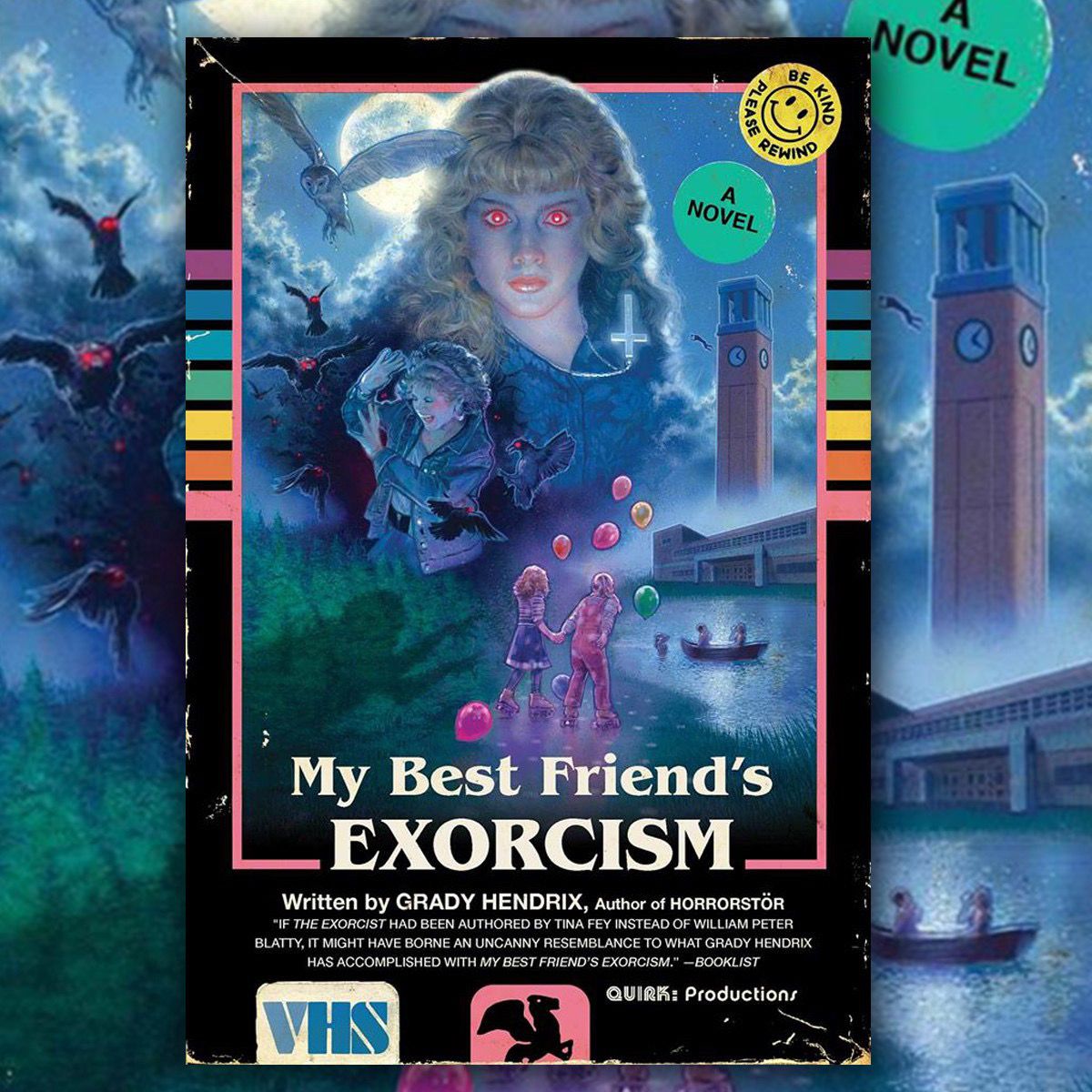 The cover of My Best Friend’s Exorcism, a delightful pastiche illustration that includes evil owls, eerie balloons, and a misty lake.