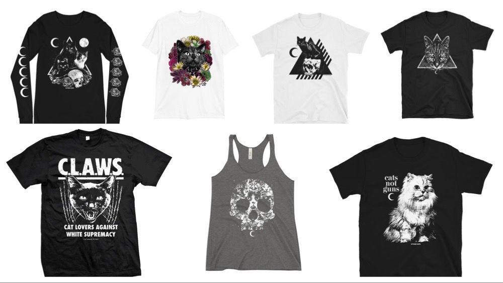 A collage of seven shirts from Cat Magic Punks: one long sleeve, two white short-sleeve, three black short-sleeve, and one dark gray tank top.