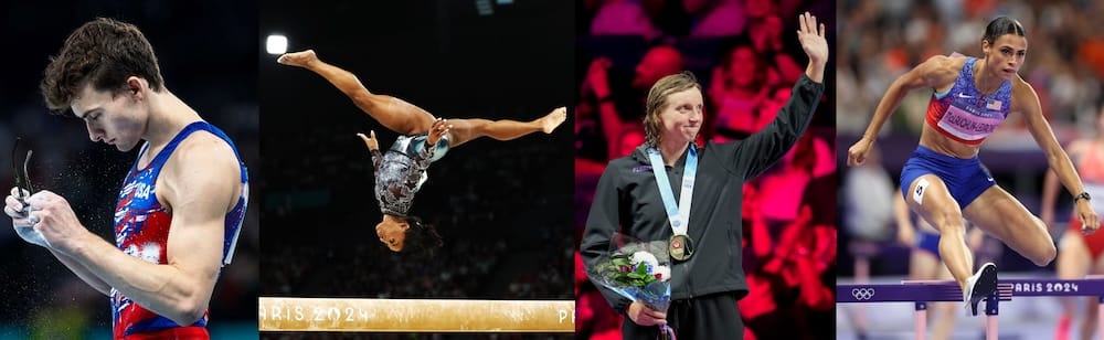 A collage of US Olympians Stephen Nedoroscik, Simone Biles, Katie Ledecky, and Sydney McLaughlin-Levrone.