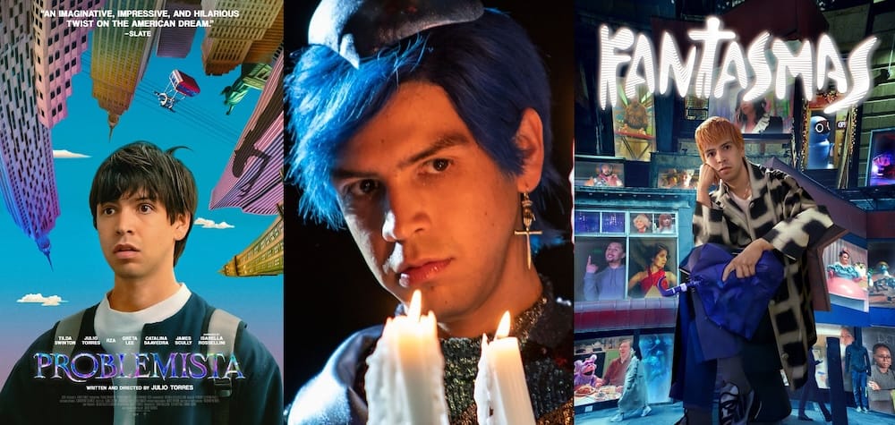 A collage of the movie poster for Problemista, a photo of Julio Torres from Los Espookys, and a promotional image of Fantasmas.