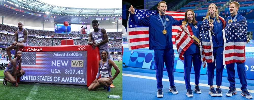 A collage of the two US mixed-gender Olympic relay teams